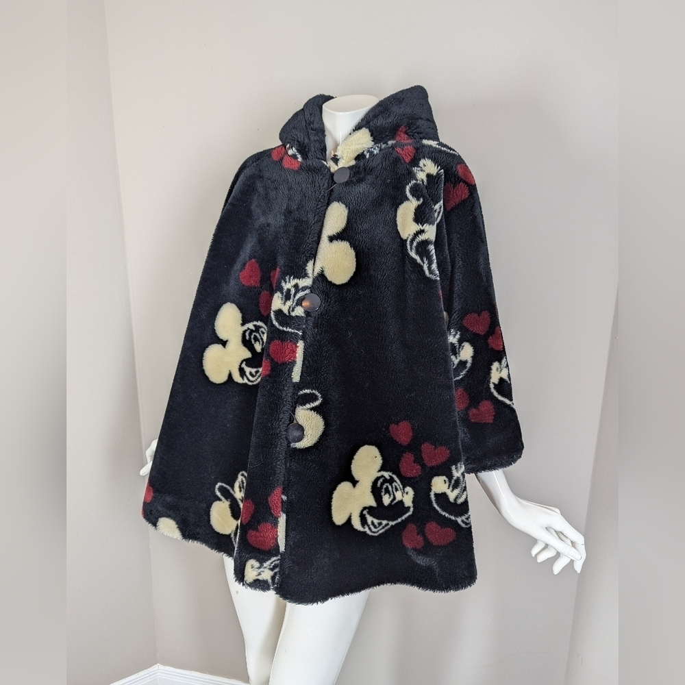 Vintage 90s Disney Mickey Minnie Faux Fur Hooded Jacket Hearts Plush Coat S